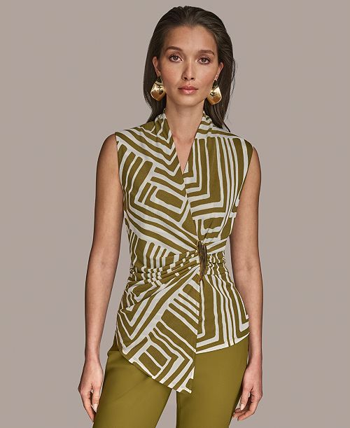alfani Donna Karan New York Women's Sleeveless Printed V-Neck Top Women's Fashion Shoes & Accessories