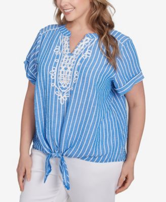 Plus Size Yarn Dye Stripe Embellished Tie Front Top