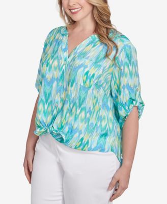 Plus Size Paradise Ikat Button Tie Front Top