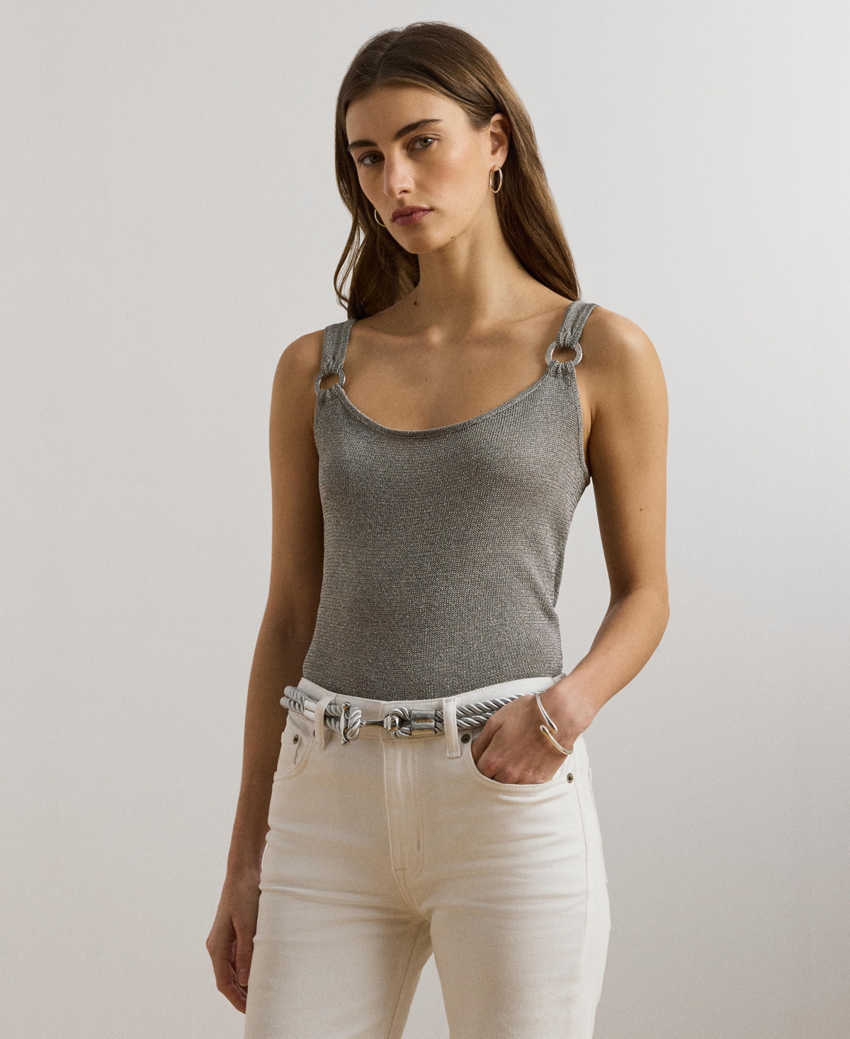 Women's Ring-Trim Metallic Sweater Tank Top - Bright Nickel Metallic