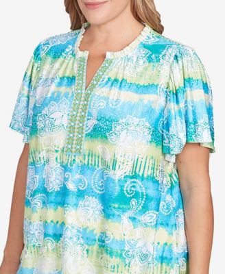 Plus Size Batik Embroidered Tie Dye Puff Print Top