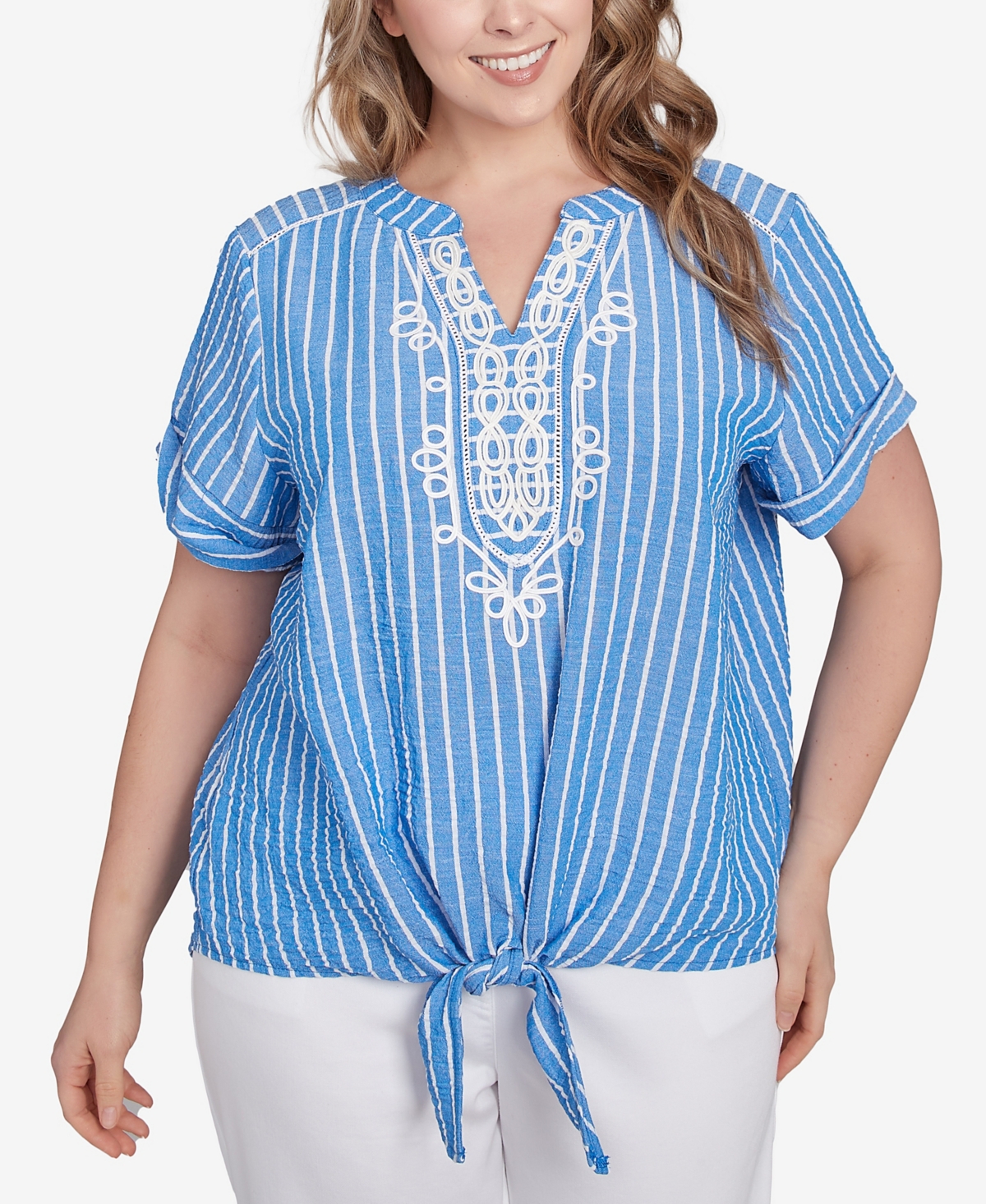 Plus Size Yarn Dye Stripe Embellished Tie Front Top - French Blue Multi