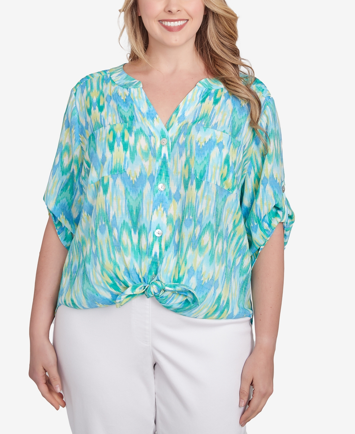 Plus Size Paradise Ikat Button Tie Front Top - Parrot Multi