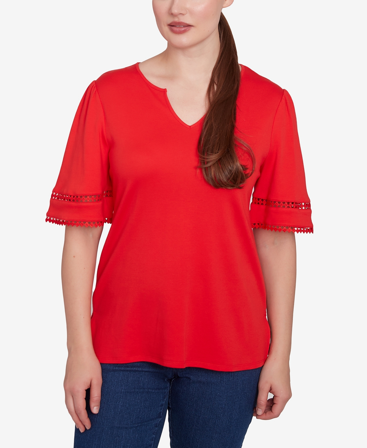 Plus Size Solid Diamond Stitch Short Sleeve Top - Red