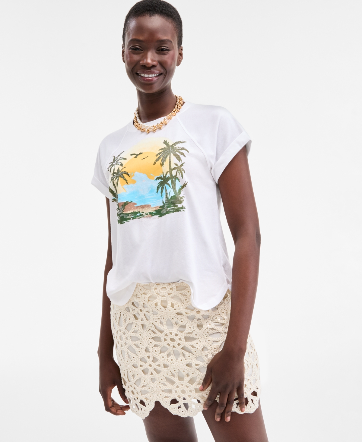 Women's Raglan Palm-Print Shine T-Shirt, Exclusively at Macy's - Bright White