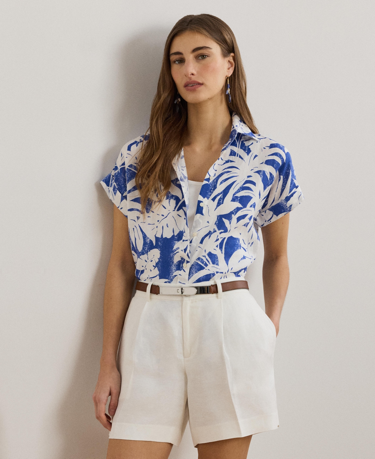 Petite Relaxed-Fit Print Short-Sleeve Shirt - Blue/white