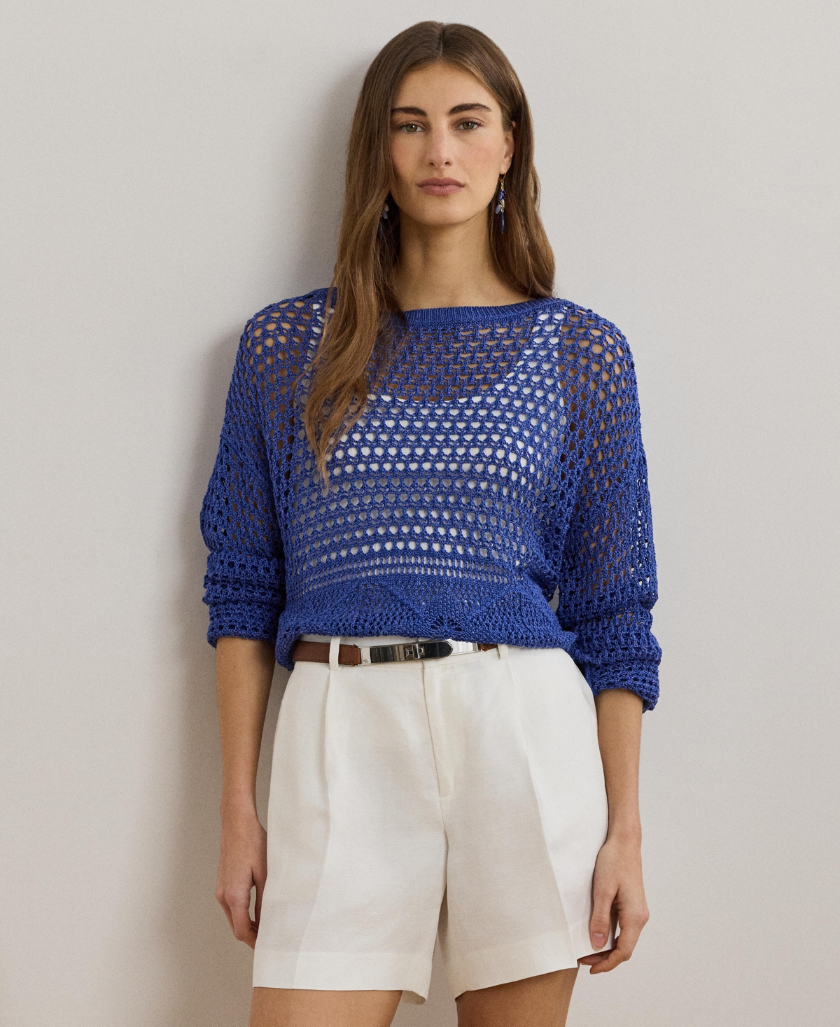 Women's Pointelle-Knit Linen-Blend Sweater - Blue Lapis