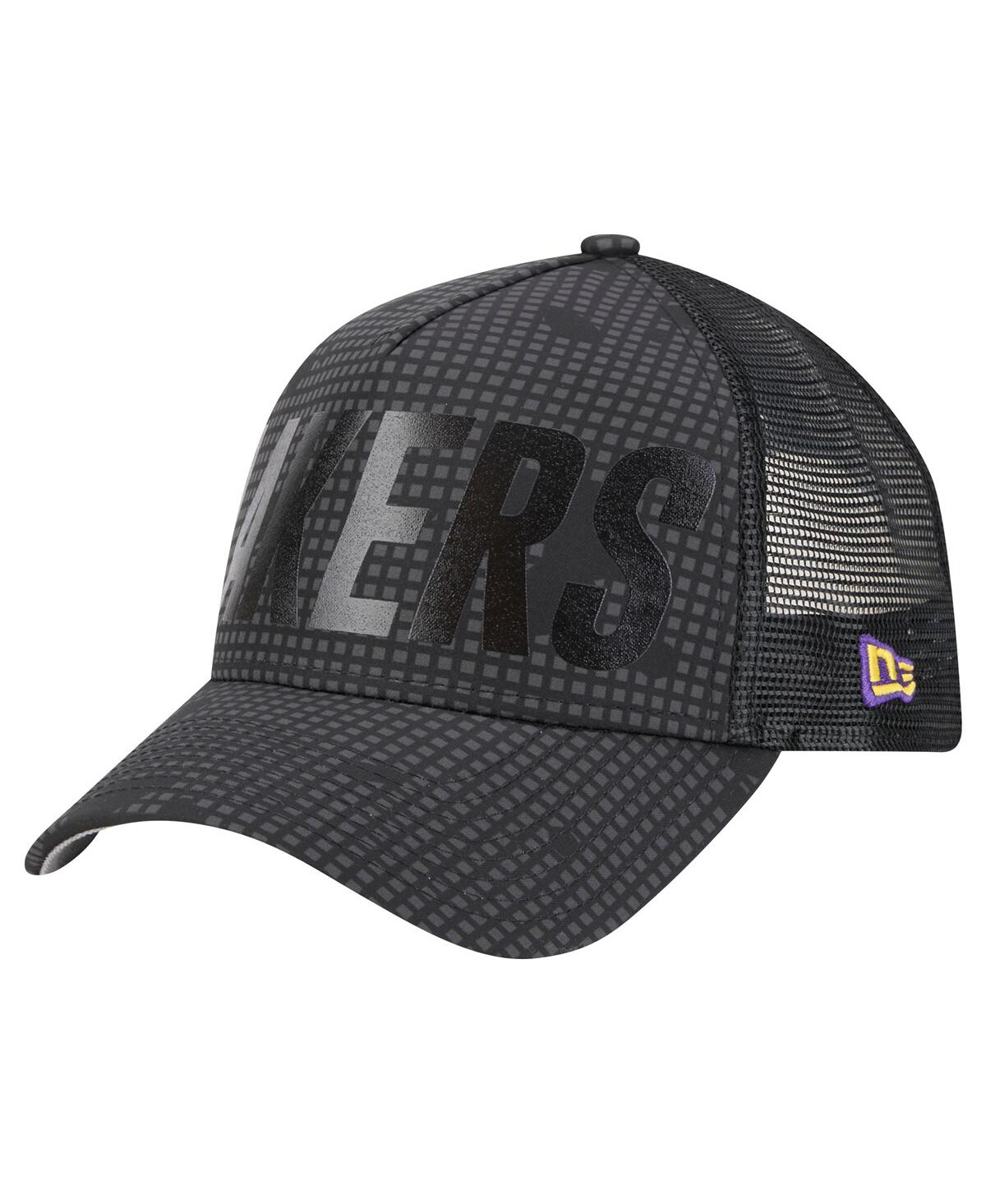 NEW ERA MEN'S BLACK LOS ANGELES LAKERS MIDNIGHT INK TONAL A-FRAME TRUCKER 9FORTY ADJUSTABLE HAT 