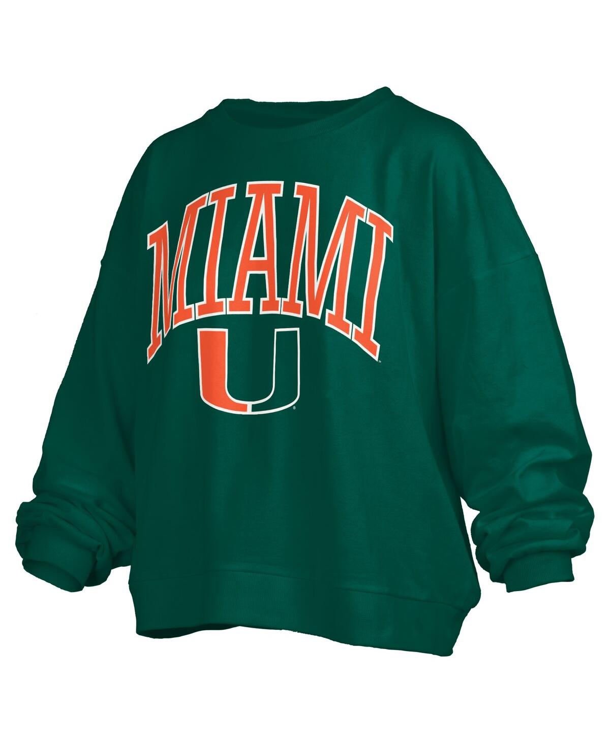 PRESSBOX WOMEN'S GREEN MIAMI HURRICANES JANISE ARCH OVER LOGO WAIST LENGTH OVERSIZED PULLOVER SWEATSHIRT 