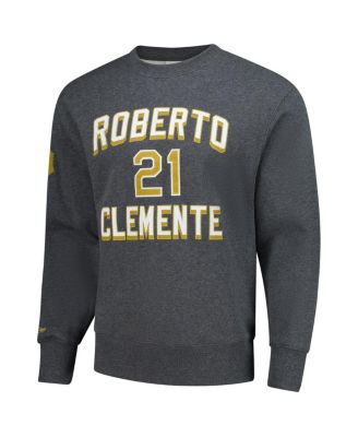 Men's Roberto Clemente Heather Charcoal Pittsburgh Pirates Legends Collection Vintage Logo Name Number Fleece Pullover Sweatshirt