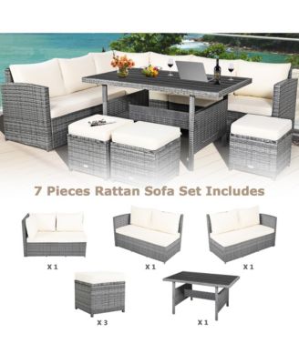 7PCS Rattan Patio Sectional Sofa Set Conversation Set w/ White Cushions