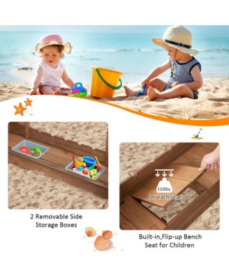 Solid Wood Kids Sandbox w/ 2 Bench Seats Outdoor Sandpit w/ Storage Box & Flags