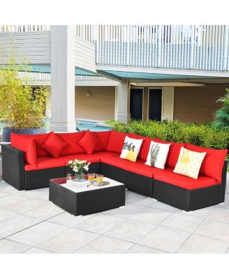 7PCS Rattan Patio Conversation Set Sectional Furniture Set w/ Red Cushion