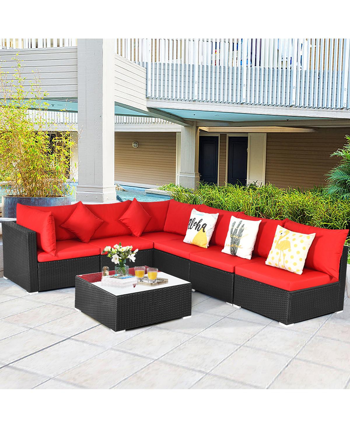 Gymax 7PCS Rattan Patio Conversation Set Sectional Furniture Set w/ Red Cushion