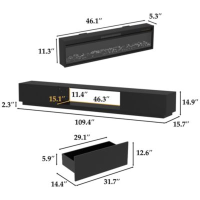 46 Inch black Crystal Electric Fireplace with Black TV Stand, 12 Color Flame, 5 Brightness Levels