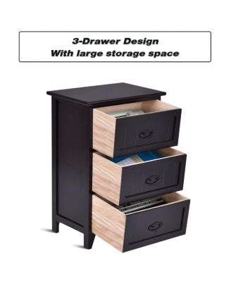 2 PCS 3 Drawers Nightstands End Table Storage Wood Side Bedside