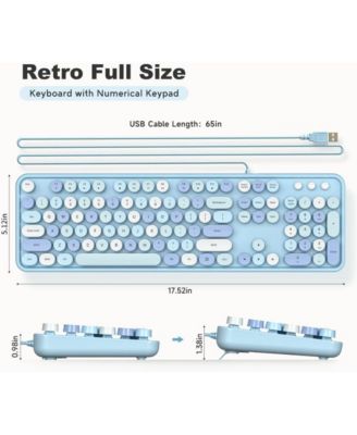 Computer Keyboard Wired, Plug and Play USB Retro Round Typewriter Keyboard, Full Size Wired Keyboard with Foldable Stands for Laptop and Office PC- Purple Colorful
