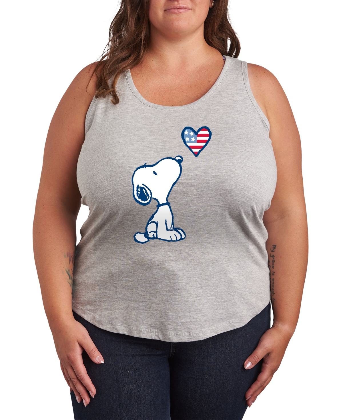 Plus Size Peanuts Snoopy American Flag Heart Graphic Tank Top - Grey