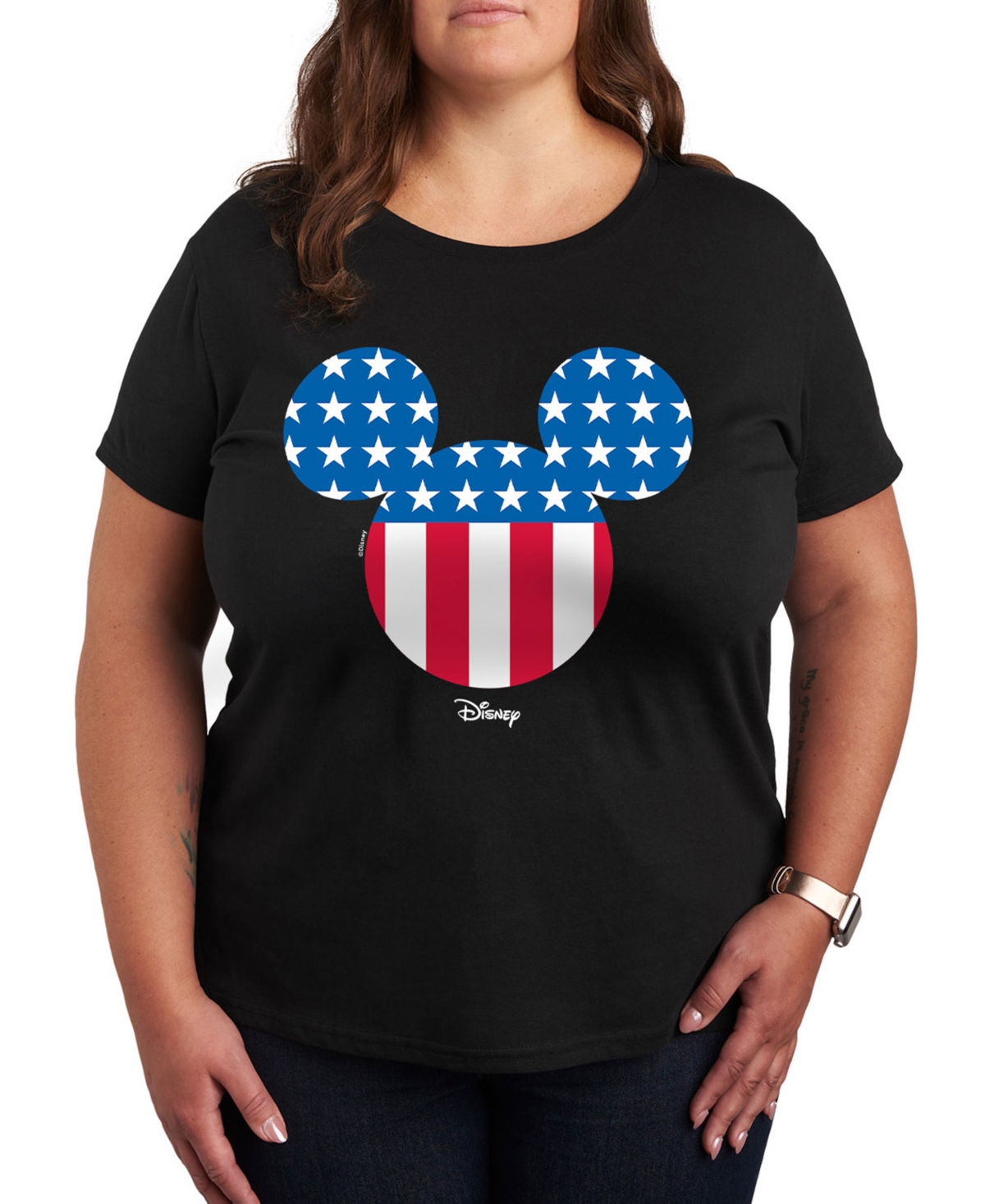 Plus Size Disney Mickey Flag Head Graphic T-Shirt - Black