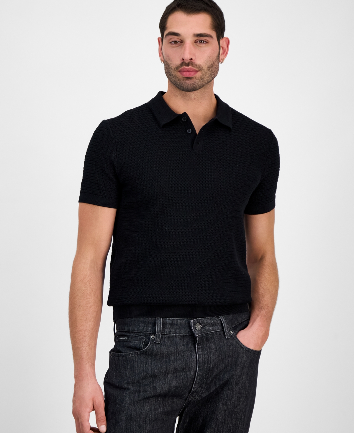Men's Raymond Short Sleeve Textured Polo Shirt - Jet Black