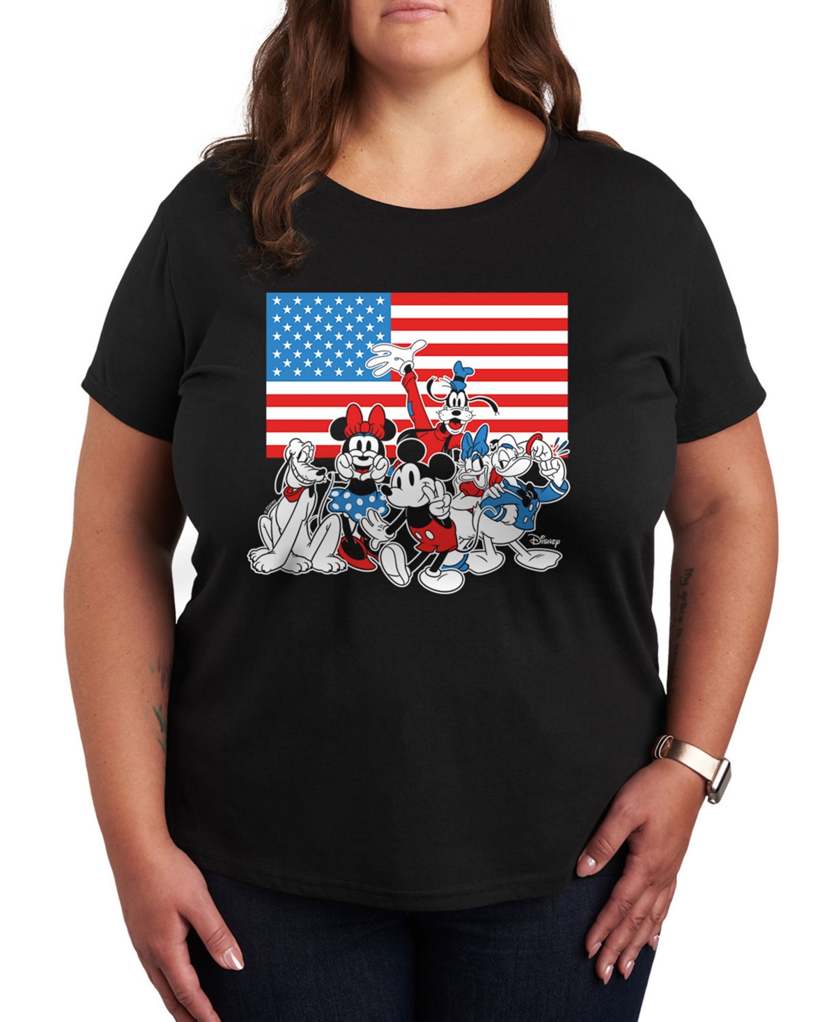 Plus Size Disney Mickey and Gang American Flag Graphic T-Shirt - Black