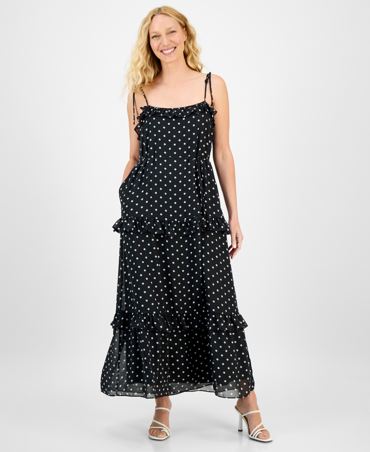 Women's Tie-Strap Ruffle-Tier Maxi Dress - White/blac