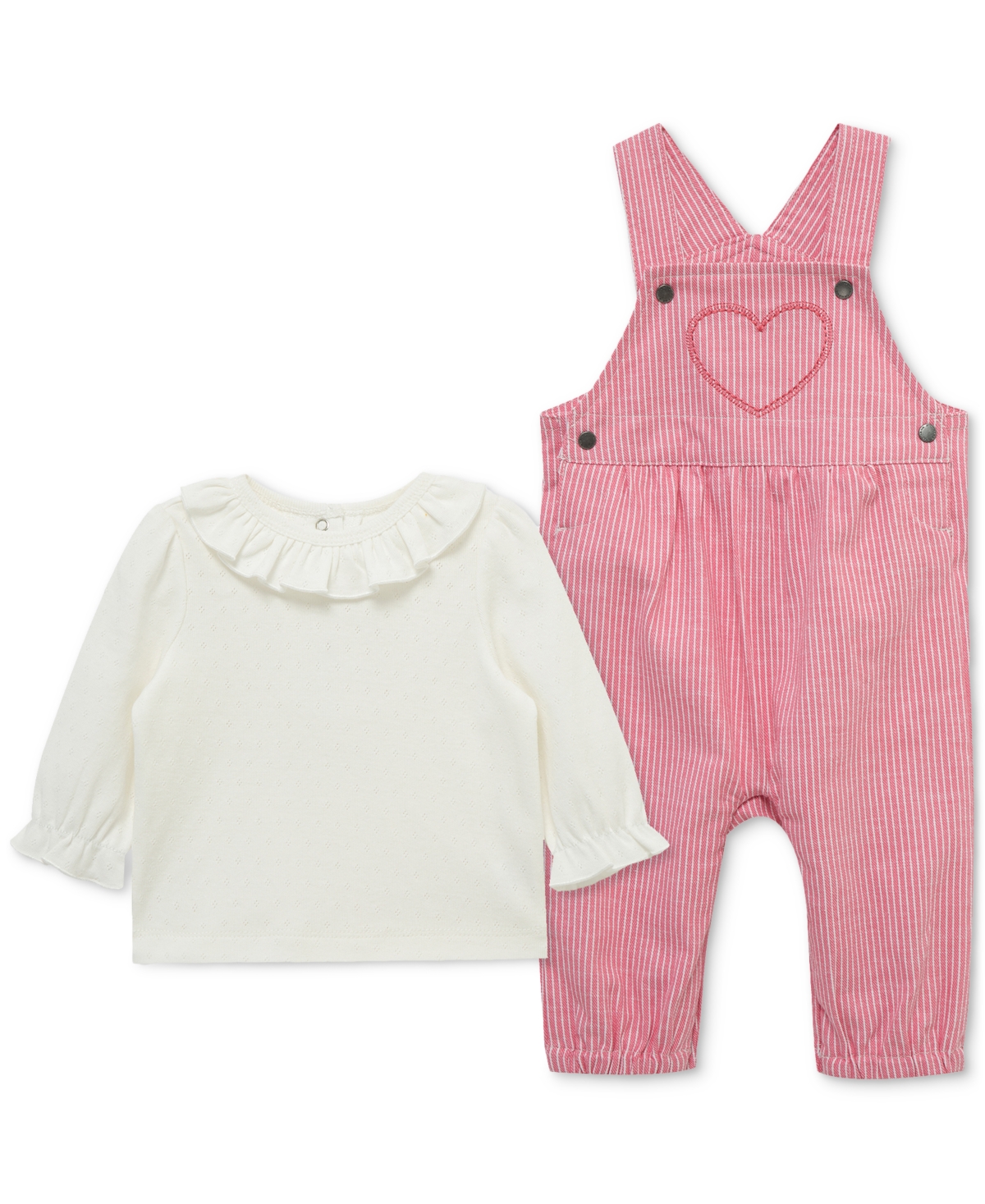 Little Me Long Sleeve Top & Stripe Overalls Set In Pink