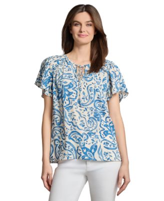 Jones New York - Petite Paisley-Print Flutter-Sleeve Top