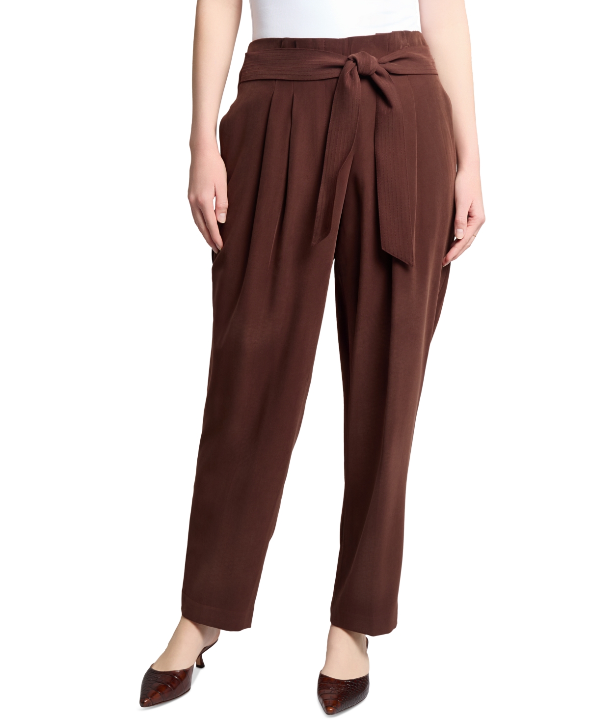 Petite Belted Paperbag Tapered-Leg Pants - Fudge