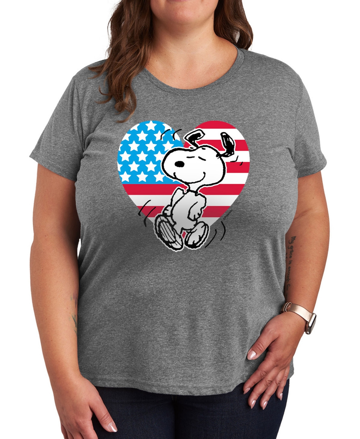 Hybrid Apparel Plus Size Peanuts Snoopy Americana Graphic Crew Neck T-shirt In Gray