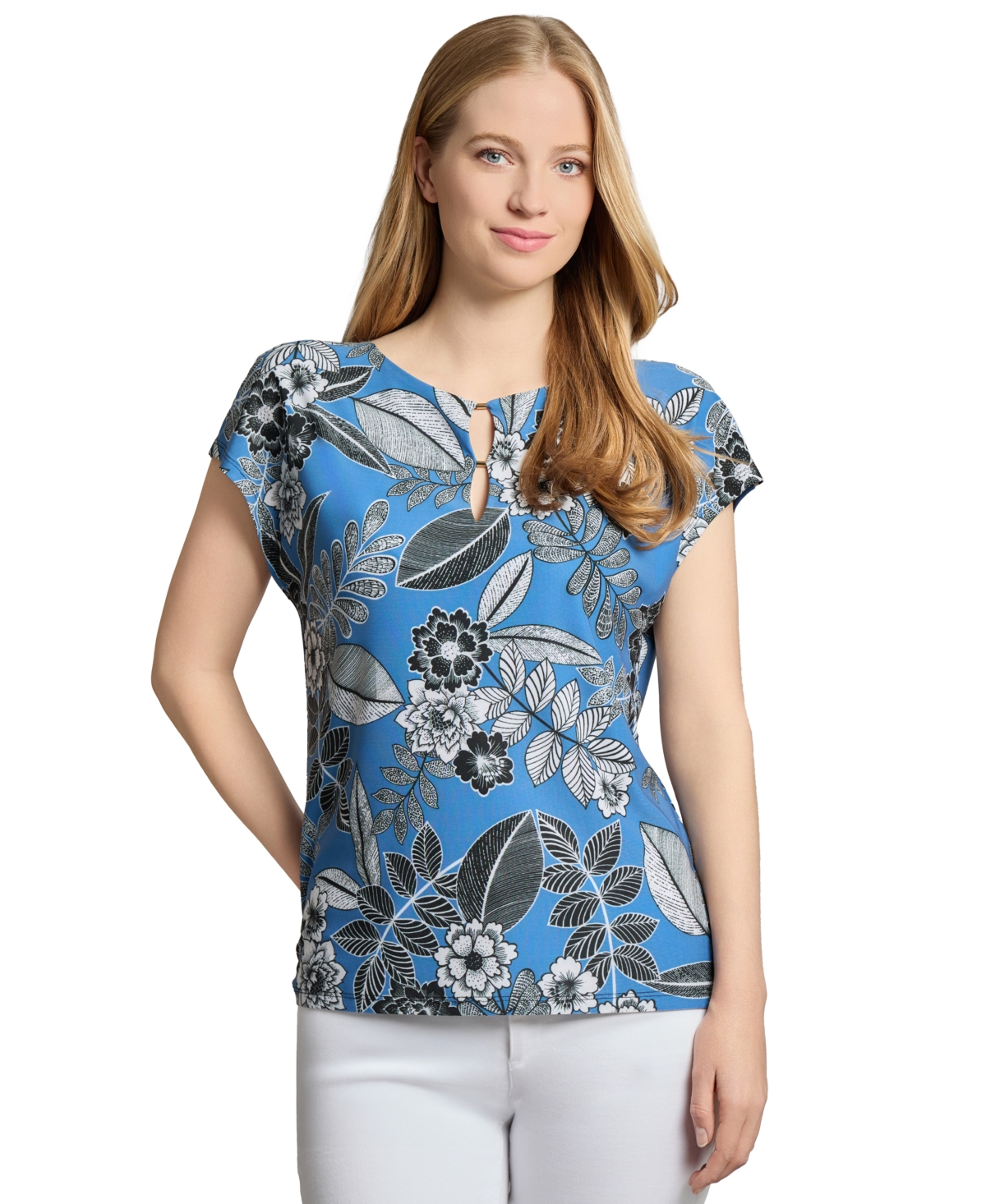 Petite Floral-Print Keyhole Cap-Sleeve Top - Mystic Blue Multi