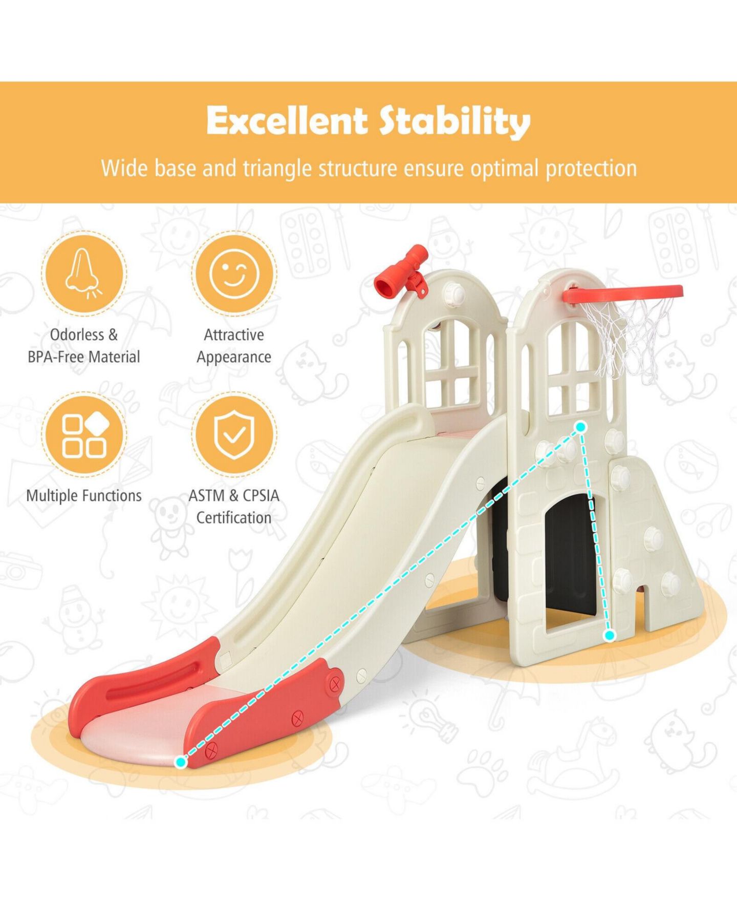 Детский игровой набор Mecale 6-in-1 Toddler Climber Slide Playset with Basketball Hoop, цвет: Красный — фото 4