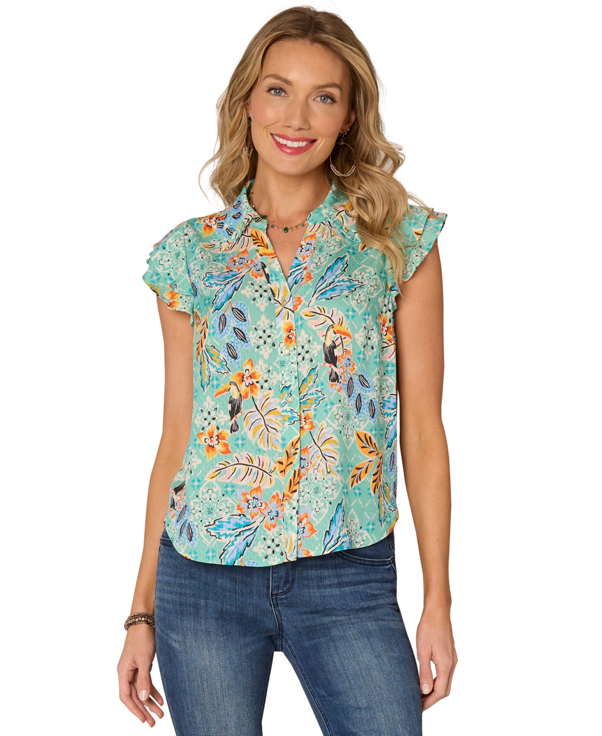 Petite Floral-Print Double-Flutter Blouse - Light Turq