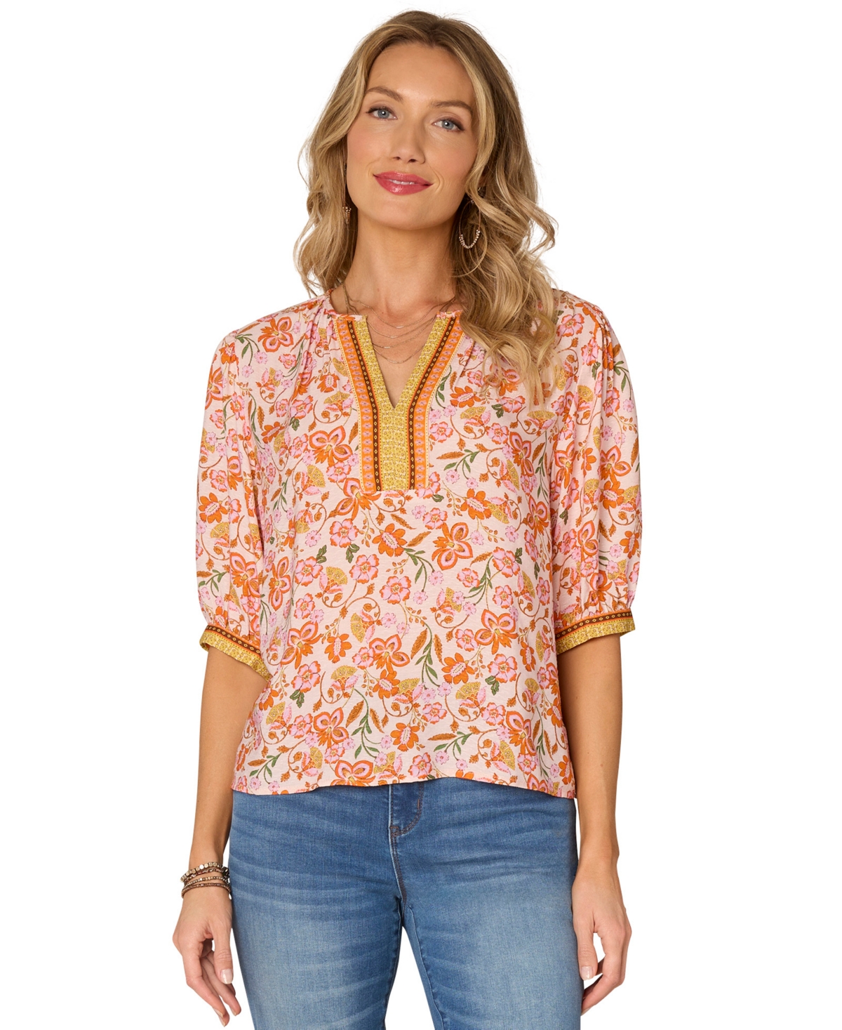 Petite Printed Notch-Neck Elbow-Sleeve Top - Rose Pearl