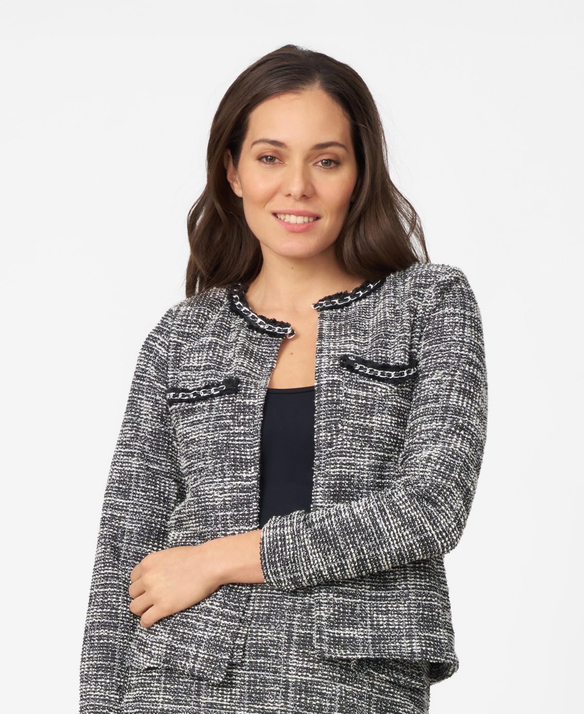 Women's Chain Detail Boucle Lady Jacket - Black and white boucle