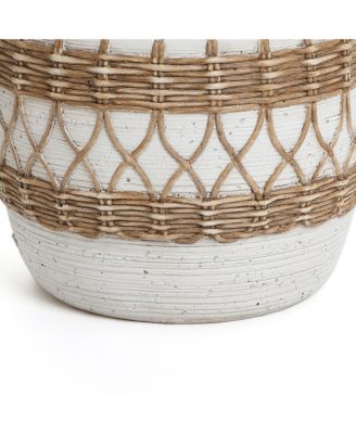 Boho White with Brown Accents 12.2-Inch Round MgO Planter