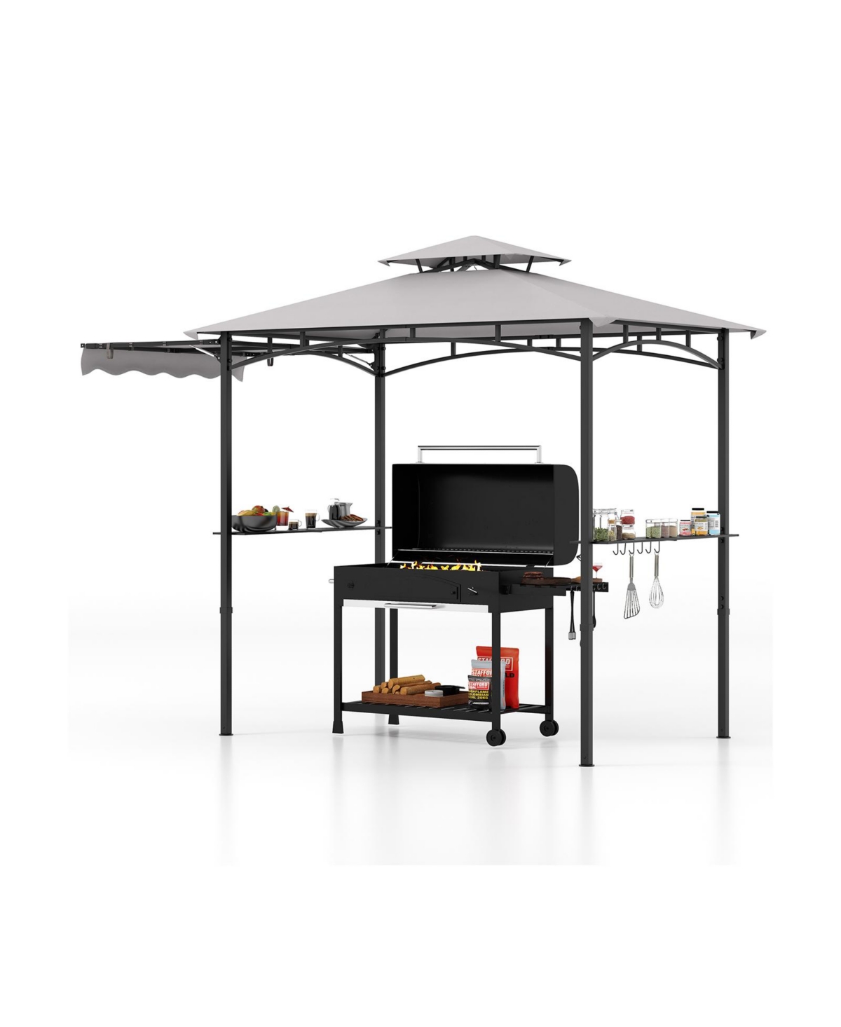 10.5 x 5 Ft Grill Gazebo with Side Awning and Double-Tiered Top - Grey