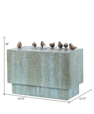 Patina Gray/Green Resin Rectangular Bubbler Outdoor Fountain with LED Lights and Bronze Birds