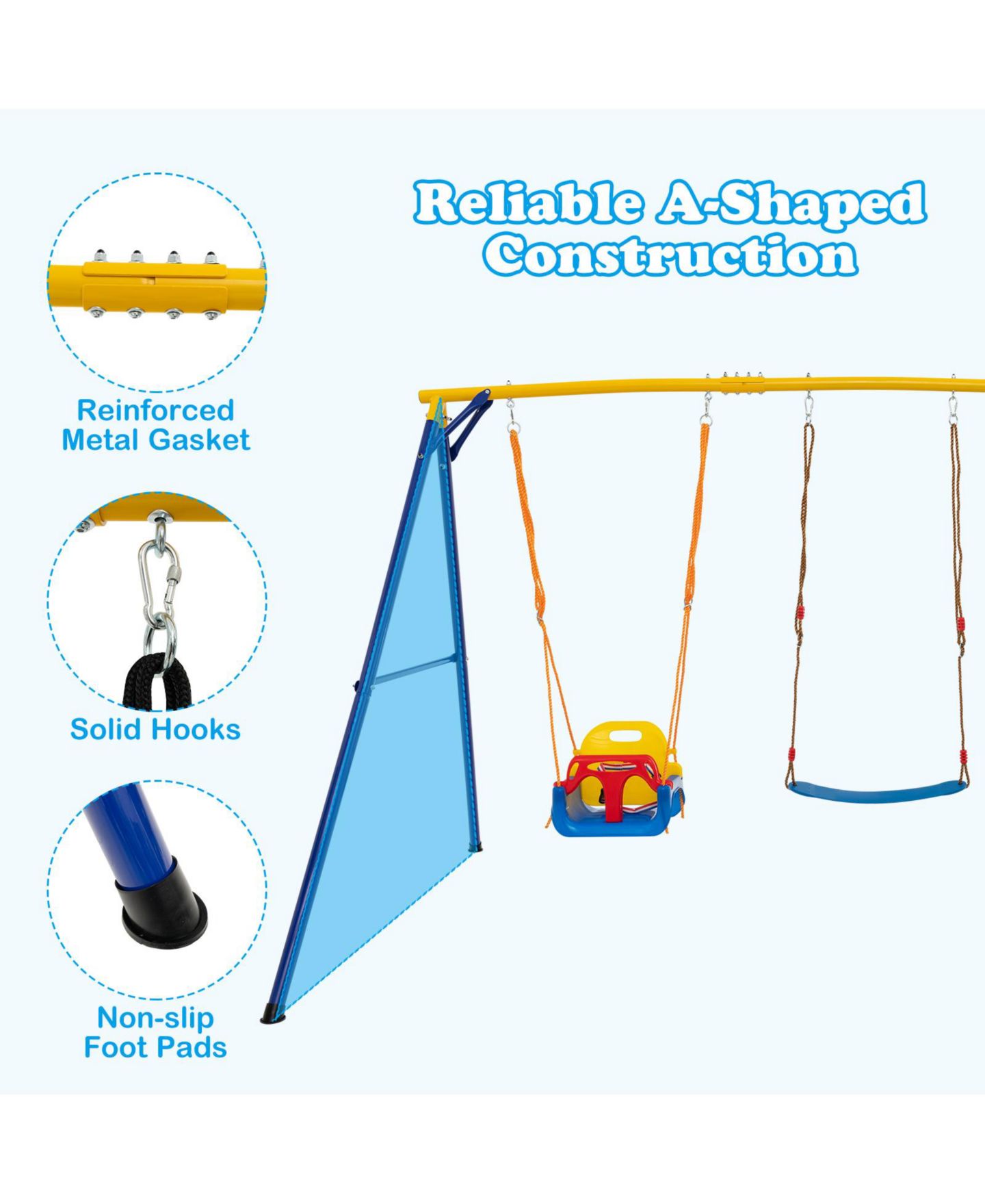 Детская игрушка Mecale 660 LBS Heavy Duty Carbon Steel Swing Frame with 3 Swings, цвет: Синий — фото 4