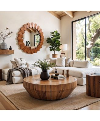 Pine Wood Frame 35-Inch Round Wall Mirror