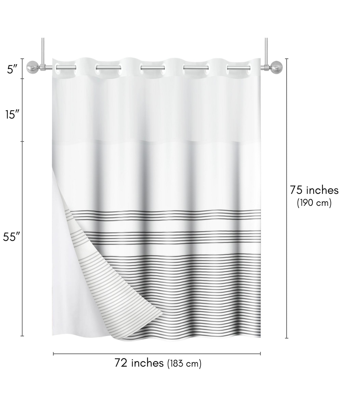 Americanflat 72x75 Hookless Shower Curtain - Grey Lines Shower Curtain with Sheer Panel, Snap-In Liner, and Grommets - 100% Polyester