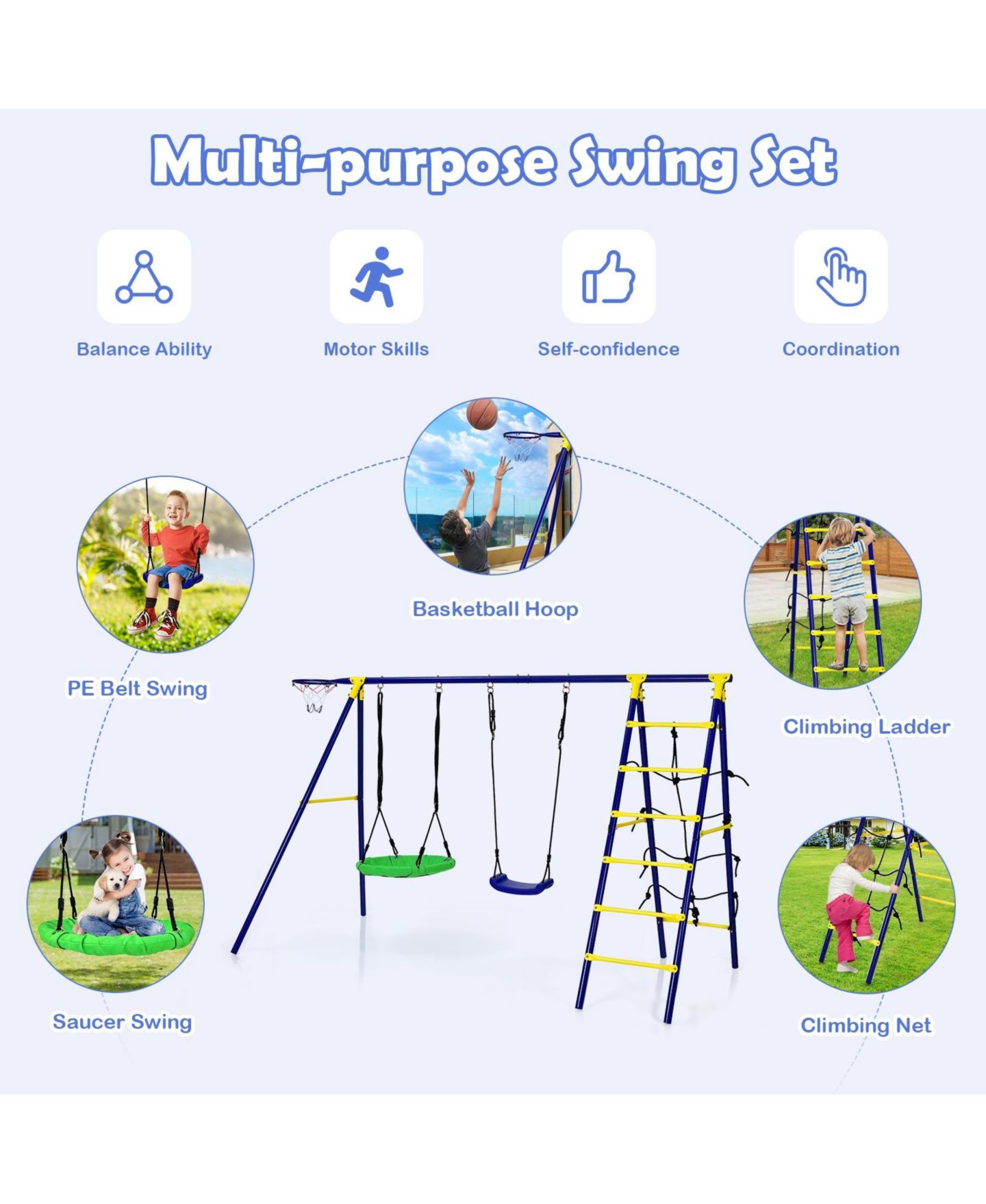 Детские игрушки Mecale 5-in-1 Metal Swing Set with Adjustable Swings, Basketball Hoop & Climbing Ladder, Ages 4+, цвет: Синий — фото 4