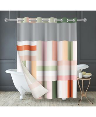 72x75 Hookless Shower Curtain - Abstract Pink Green Orange Shower Curtain with Sheer Panel, Snap-In Liner, and Grommets - 100% Polyester