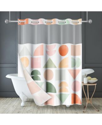72x75 Hookless Shower Curtain - Abstract Orange Green Shower Curtain with Sheer Panel, Snap-In Liner, and Grommets - 100% Polyester