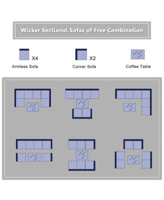 7 Pieces Sectional Wicker Furniture Sofa Set with Tempered Glass Top Coffee Table