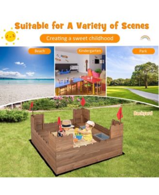 Kids Wooden Sandbox with Bottom Liner and Red Flags