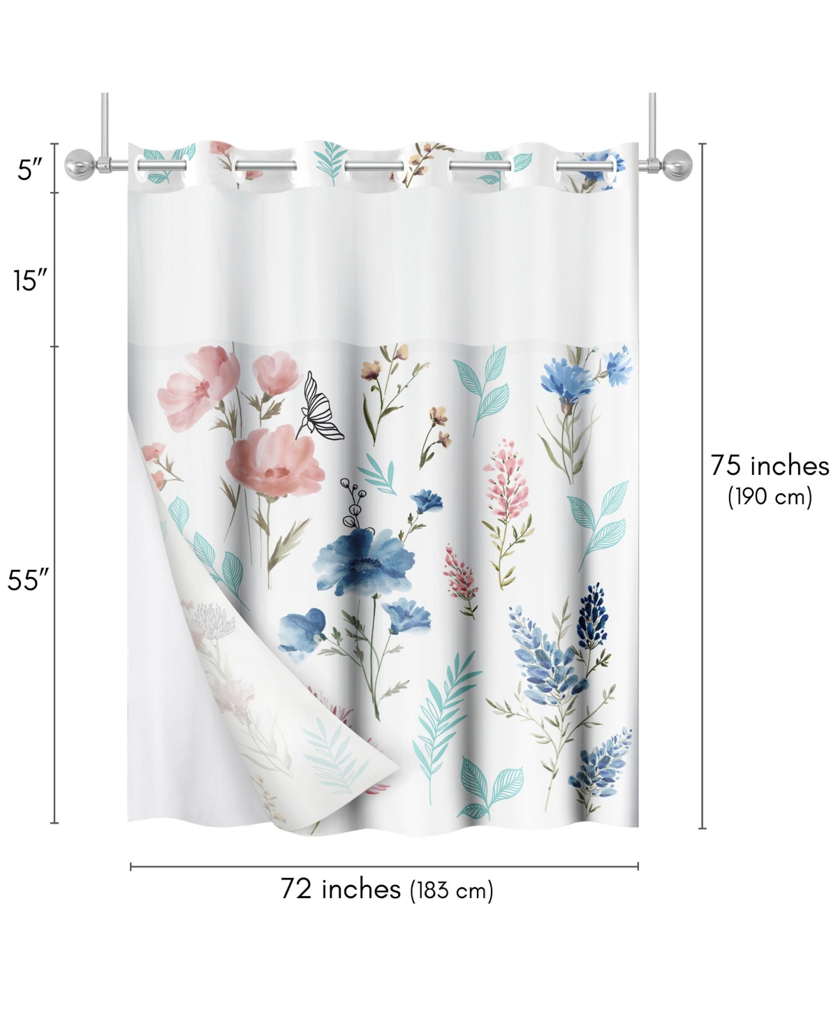 Americanflat 72x75 Hookless Shower Curtain - Floral Blue and Pink Shower Curtain with Sheer Panel, Snap-In Liner, and Grommets - 100% Polyester
