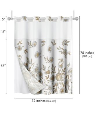72x75 Hookless Shower Curtain - Floral Gold Grey Shower Curtain with Sheer Panel, Snap-In Liner, and Grommets - 100% Polyester