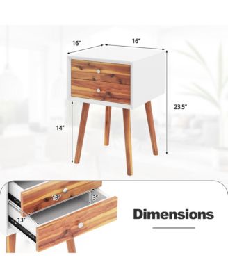 2PCS Wooden Nightstand Mid-Century End Side Table W/2 Storage Drawers