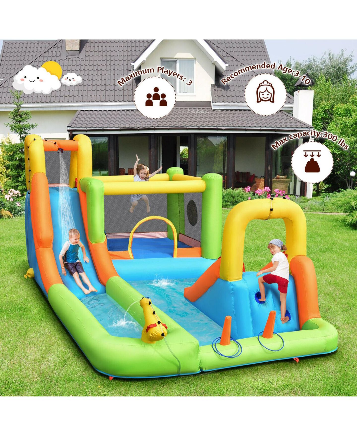 Детская игрушка Mecale 8 in 1 Inflatable Water Slide Park Bounce House, Accommodates 3 Children, Ages 3-10, цвет: Синий — фото 6